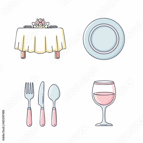 Fototapeta Minimalist Vector SVG Illustration of Elegant Dining Table with Plate Cutlery and Wine Glass in Flat Style for Food Service and Hospitality Branding