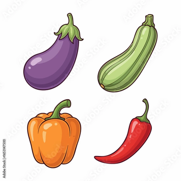 Fototapeta Vector SVG Illustration of Vegetable Icons in Flat Design Style Featuring Eggplant Bell Pepper and Chili Pepper with Bright Colors for Web and Digital Use