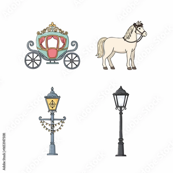 Fototapeta Minimalist Vector SVG Illustration Set with Carriage Horse Lanterns and Streetlights in Flat Design Style with Soft Color Palette