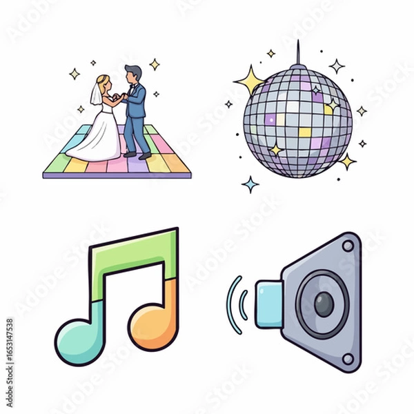 Fototapeta Minimalist Vector SVG Icon Set with Disco Ball Dance Floor Music Speaker Illustration Style