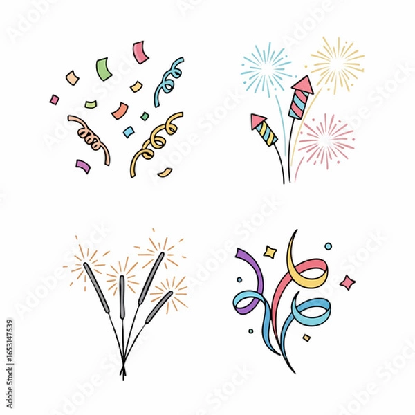 Fototapeta Vector Festive Celebration SVG Illustration with Fireworks and Confetti in Flat Design Style