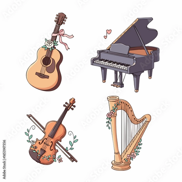 Fototapeta Vector SVG Illustration of Musical Instruments Featuring Guitar Piano Violin and Harp in Modern Flat Style with Soft Pastel Colors