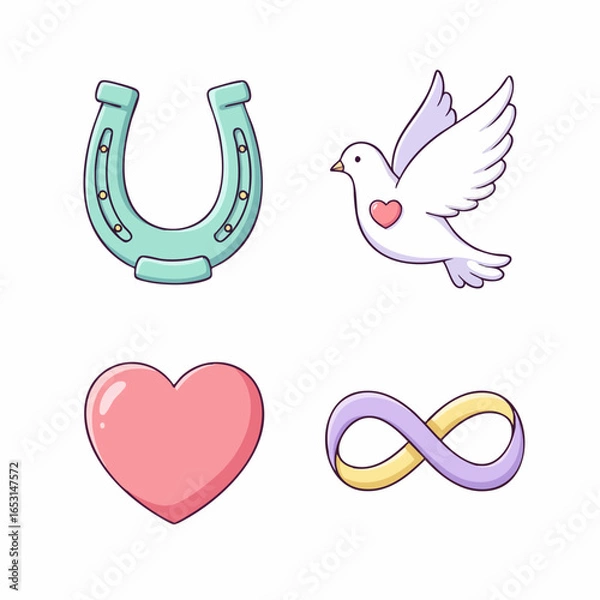 Fototapeta Minimalist Vector SVG Icon Set with Heart Dove Horseshoe Infinity Symbols Flat Design Colors