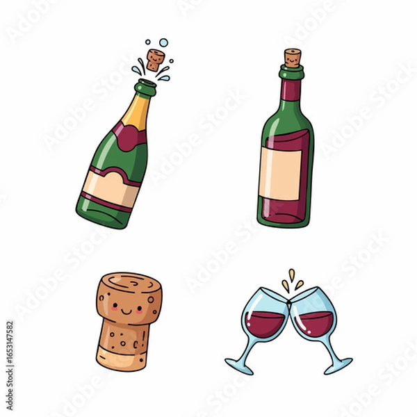 Fototapeta Vector SVG Illustration of Celebration Scene with Champagne Bottles Corks and Wine Glasses in Flat Design Style with Bright Colors