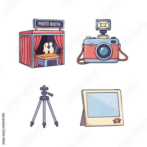 Fototapeta Flat Vector SVG Illustration Set Featuring Photography Equipment and Photo Booth with Modern Minimalist Style in Soft Pastel Colors