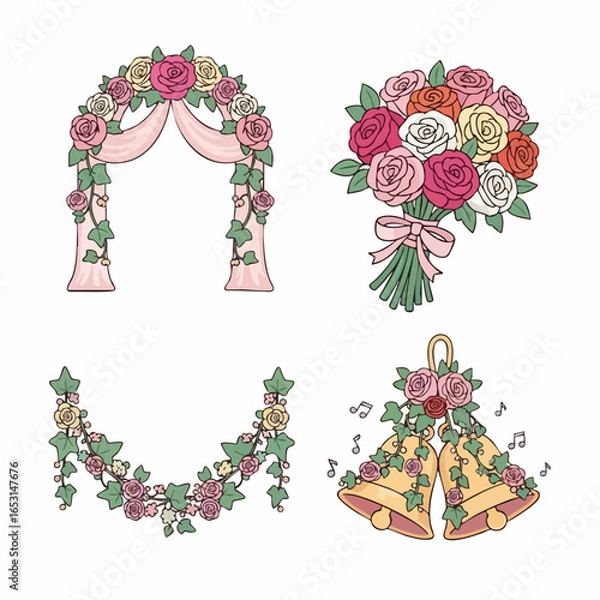 Fototapeta Vector Decorative Floral SVG Icon Set with Bouquets Garlands and Wedding Elements in Flat Design Style
