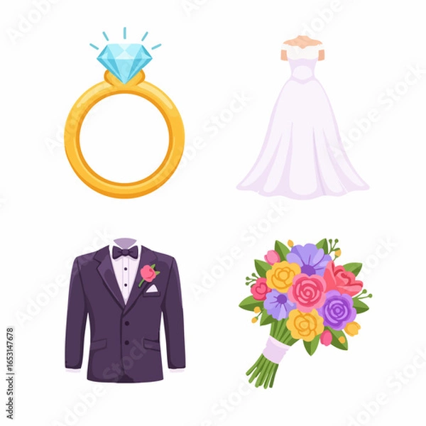 Fototapeta Vector SVG Illustration of Wedding Symbols with Floral and Formal Elements in Flat Design Style Bright Colors