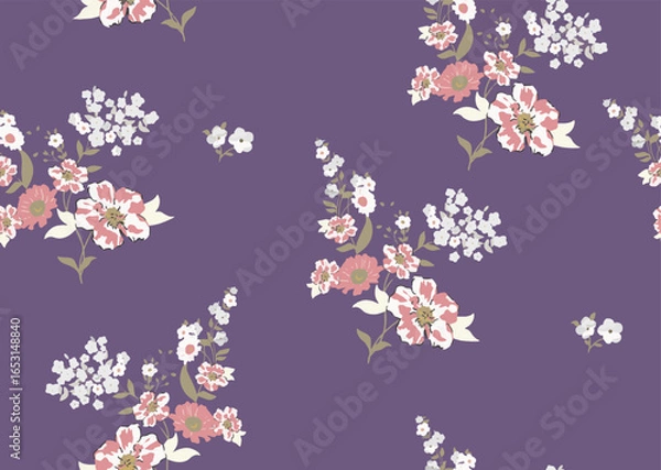 Fototapeta seamless small flower bunch pattern isolated on purple background. vector small flowers with leaves. Seamless ditsy pattern in small cute wild flowers. design for wallpaper.