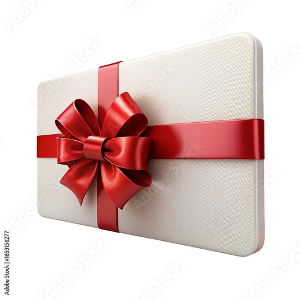 Fototapeta A white gift box with a red ribbon and bow on black background
