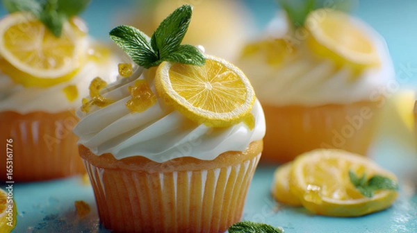 Fototapeta Refreshing lemon cupcakes with white frosting, garnished with lemon slices and fresh mint leaves.