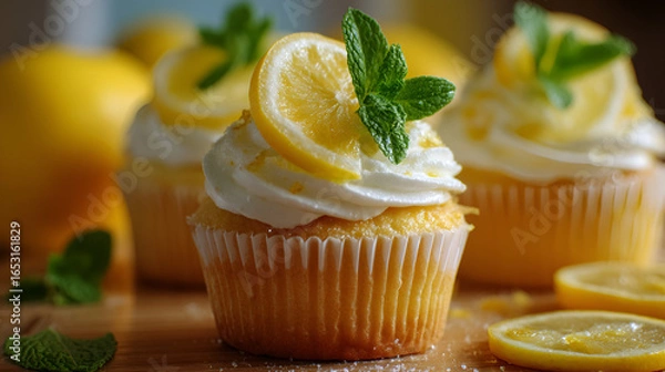 Fototapeta Lemon delight: Cupcakes topped with citrus slices and mint, a sweet and tangy treat on a wooden table.