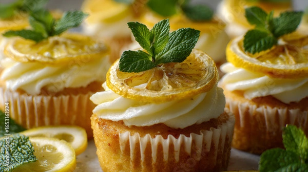 Fototapeta Lemon Cupcakes: Miniature treats adorned with lemon slices and mint, a delightful citrus indulgence.