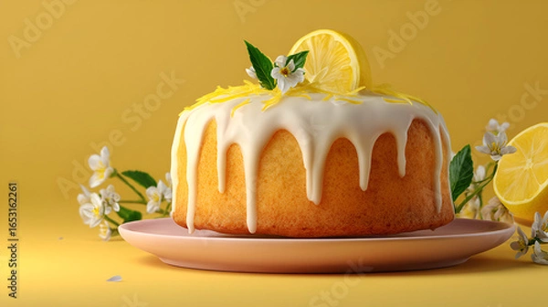 Fototapeta Delicious lemon cake drizzled with frosting, adorned with lemon slices, zest, and blossoms, on yellow.