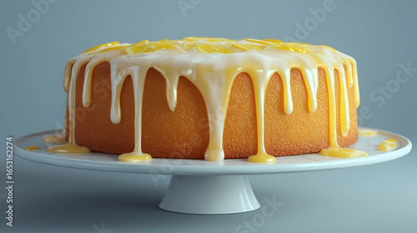 Fototapeta Luscious lemon cake with dripping glaze and citrus slices on a stylish white cake stand.