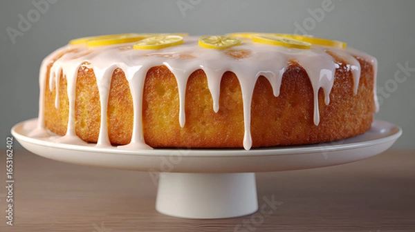 Fototapeta Delicious lemon cake with sweet glaze, adorned with lemon slices, displayed on a white pedestal stand.