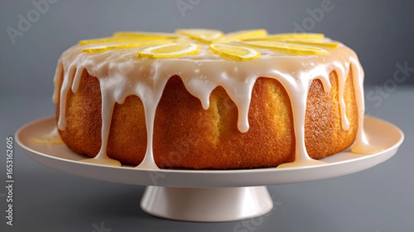 Fototapeta Delicious glazed cake with lemon slices served on a decorative cake stand against a soft grey background.