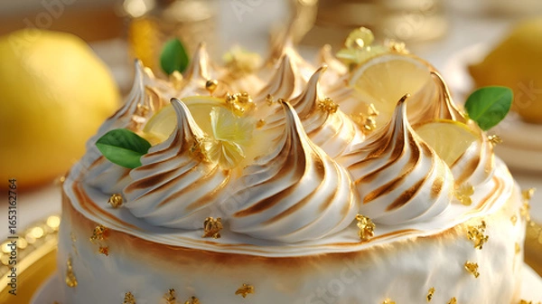 Fototapeta Elegant lemon meringue cake with toasted meringue peaks and lemon slices, adorned with delicate gold leaf accents.