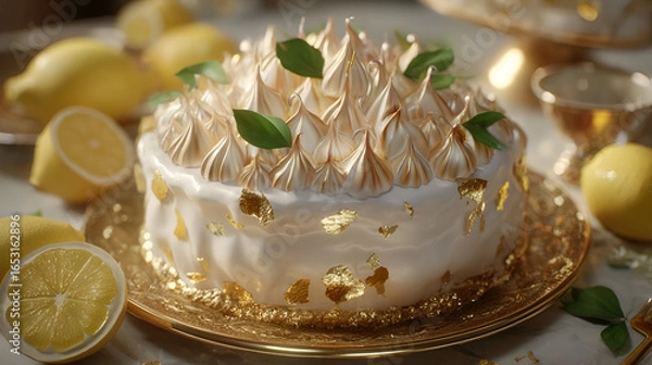 Fototapeta Lemon meringue cake with gold leaf. Citrus dessert decorated with meringue and leaves on a golden plate.