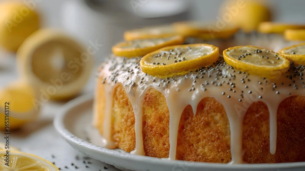 Fototapeta Delicious lemon cake with drizzle, lemon slices, and seeds on a bright plate. Perfect for dessert.
