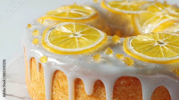 Fototapeta Delicious dessert: lemon cake with citrus slice topping and sweet frosting. A delightful treat!