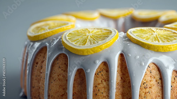 Fototapeta Lemon cake with icing and citrus fruit garnish. Tasty dessert ready to serve on a party or as a treat.