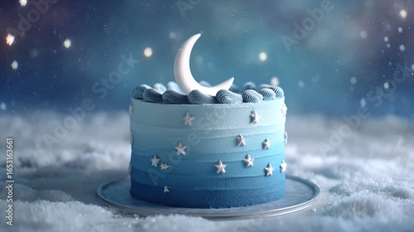 Fototapeta Dreamy blue ombre cake topped with stars and a moon, on a fluffy white cloud background.