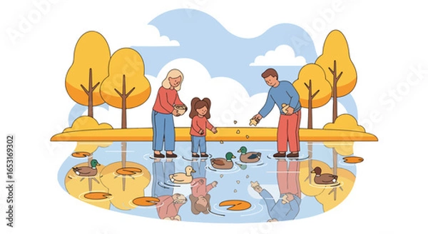 Fototapeta Adobe illustrator artwork vector illustration. A family of four enjoys a beautiful autumn day, feeding ducks by a serene pond. Golden trees line the water, reflecting the warm sunlight
