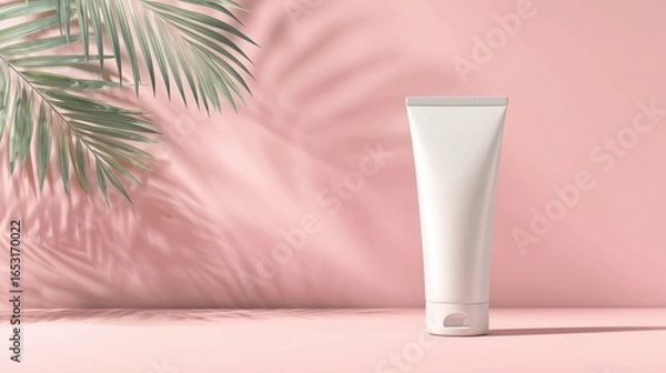 Fototapeta A white lotion tube on a pastel pink background with soft palm leaves. The tube has a smooth, clean texture, standing upright and centered. . mockup