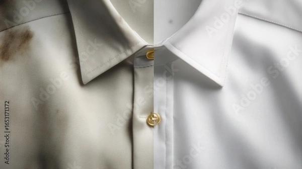 Fototapeta Close-up of a white shirt split vertically in half. On the left side, the shirt is stained with visible dirt or stain, while the right side is perfectly clean and immaculate. 