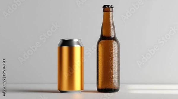 Fototapeta mock of a beer can and bottle on a light background