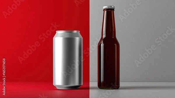 Fototapeta mock of a beer can and bottle on a light background