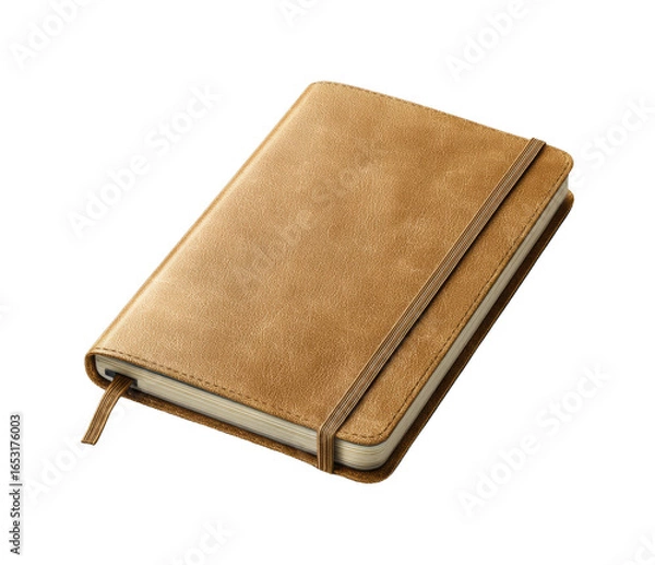 Obraz Brown leather journal with elastic band and bookmark isolated on transparent background, png
