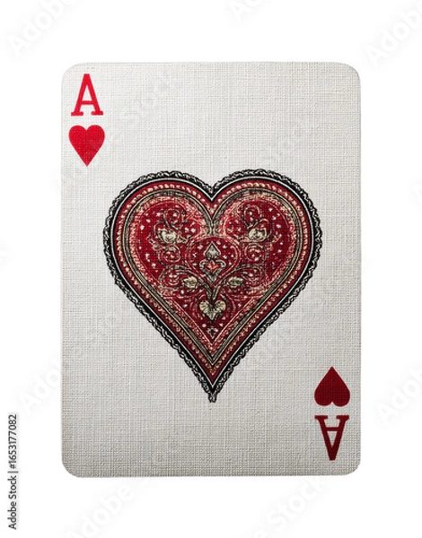 Fototapeta Ace of hearts playing card with intricate red heart design on white background isolated on transparent background, png