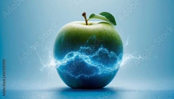 Obraz green apple on blue background