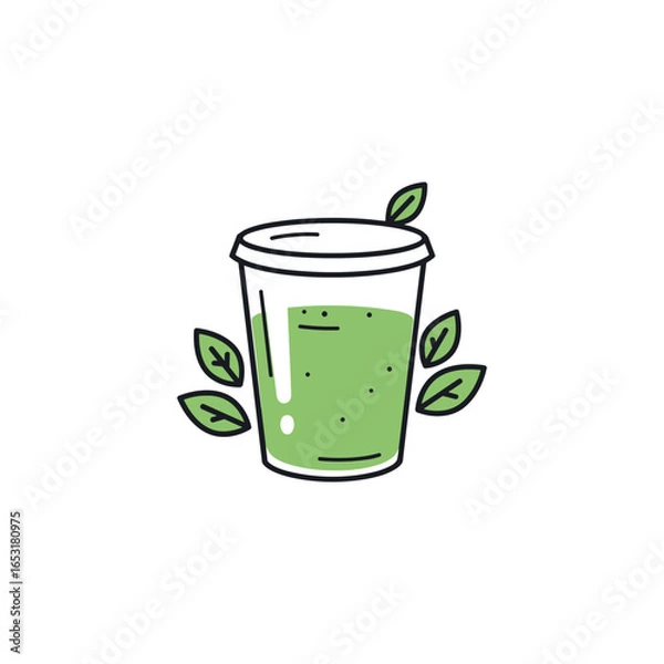 Fototapeta Green smoothie in takeaway cup with fresh leaves on white background. Vector illustration