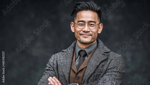 Fototapeta Portrait of asian man in glasses wearing coat and suit smiling confidently
