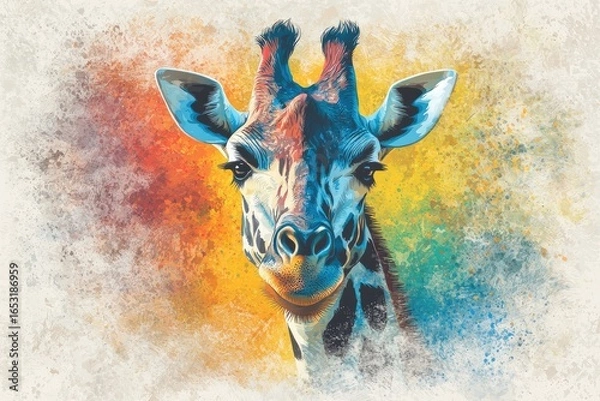 Fototapeta Watercolor Giraffe Portrait with Vibrant Splatter Background and Detailed Facial Features
