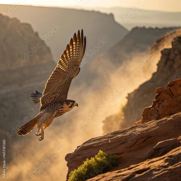 Fototapeta Peregrine Falcon Diving Swiftly Over Desert Cliffs