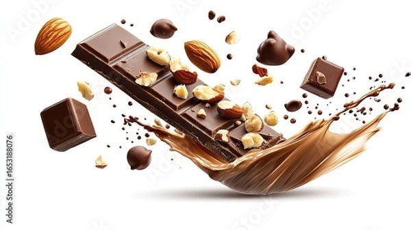 Fototapeta Chocolate Bar with Nuts and Sprinkles in a Dynamic Splash