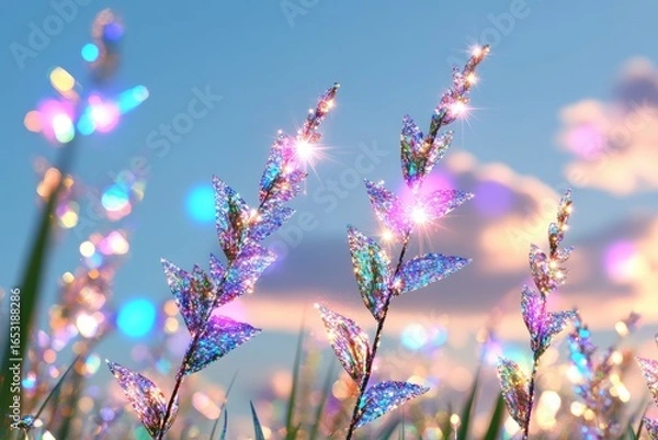 Fototapeta Iridescent Leaf Sprigs Sparkle Against a Pastel Sky, Bokeh Lights Dance