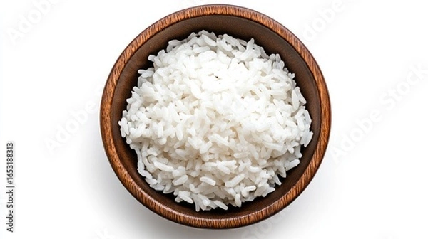 Fototapeta Overhead View of Cooked White Rice in a Wooden Bowl on White