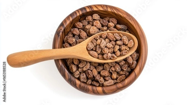 Fototapeta Fermented Soybeans: Natto in Wooden Bowl with Spoon on White Background