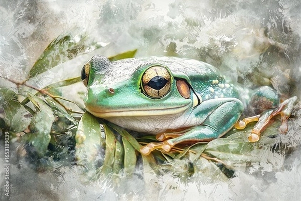 Fototapeta Artistic Green Tree Frog with Detailed Eyes and Leafy Habitat