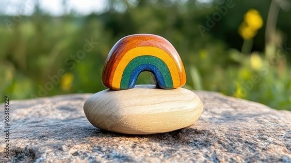 Fototapeta Colorful Rainbow Ornament Balanced on a Smooth Stone