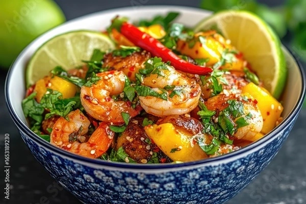 Fototapeta Close-up of a Bowl of Spicy Mango Shrimp Stir-fry