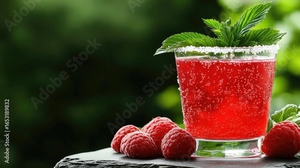 Fototapeta Sparkling Raspberry Drink with Mint Garnish and Fresh Berries