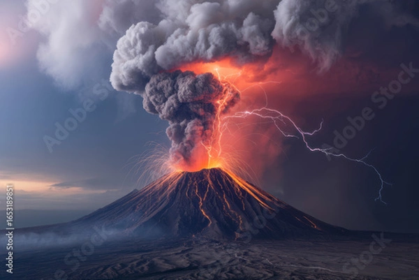 Fototapeta Volcano erupting with lava and ash under a stormy sky