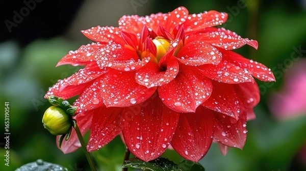 Fototapeta Vibrant Red Dahlia Bloom Adorned with Sparkling Water Droplets in Natural Light