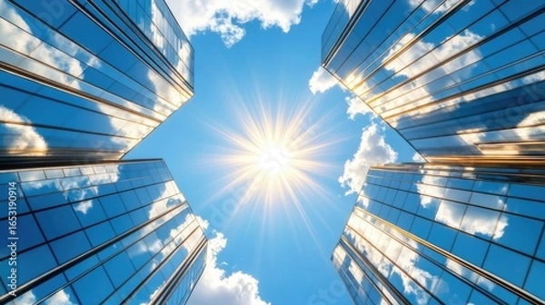 Fototapeta Low-angle view of modern glass skyscrapers reflecting sky and sun.