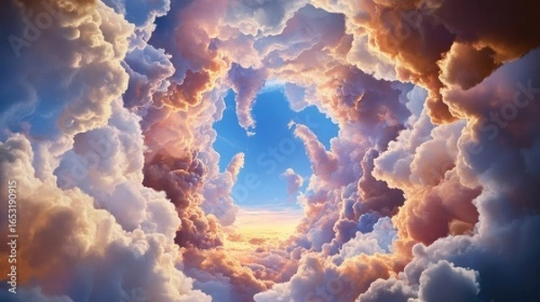 Fototapeta Dramatic Cloudscape with a Central Blue Sky Opening and Golden Light